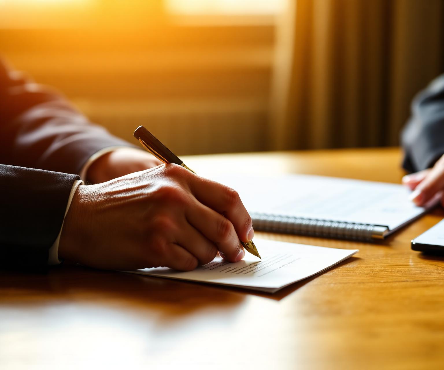 A person signing a document with a fountain pen in a warm office